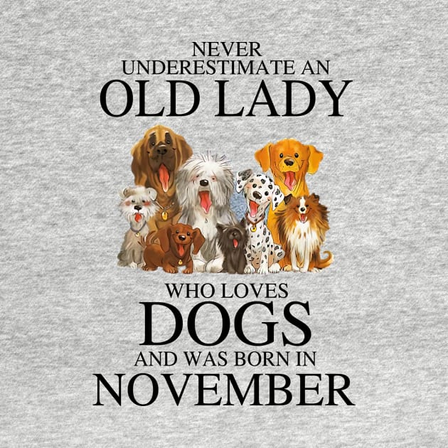 Never Underestimate An Old Lady Who Loves Dogs And Was Born In November by louismcfarland